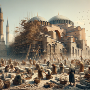 A detailed and realistic scene of stone masons constructing the Hagia Sophia in 400 AD, before the addition of minarets. The image shows a bustling co