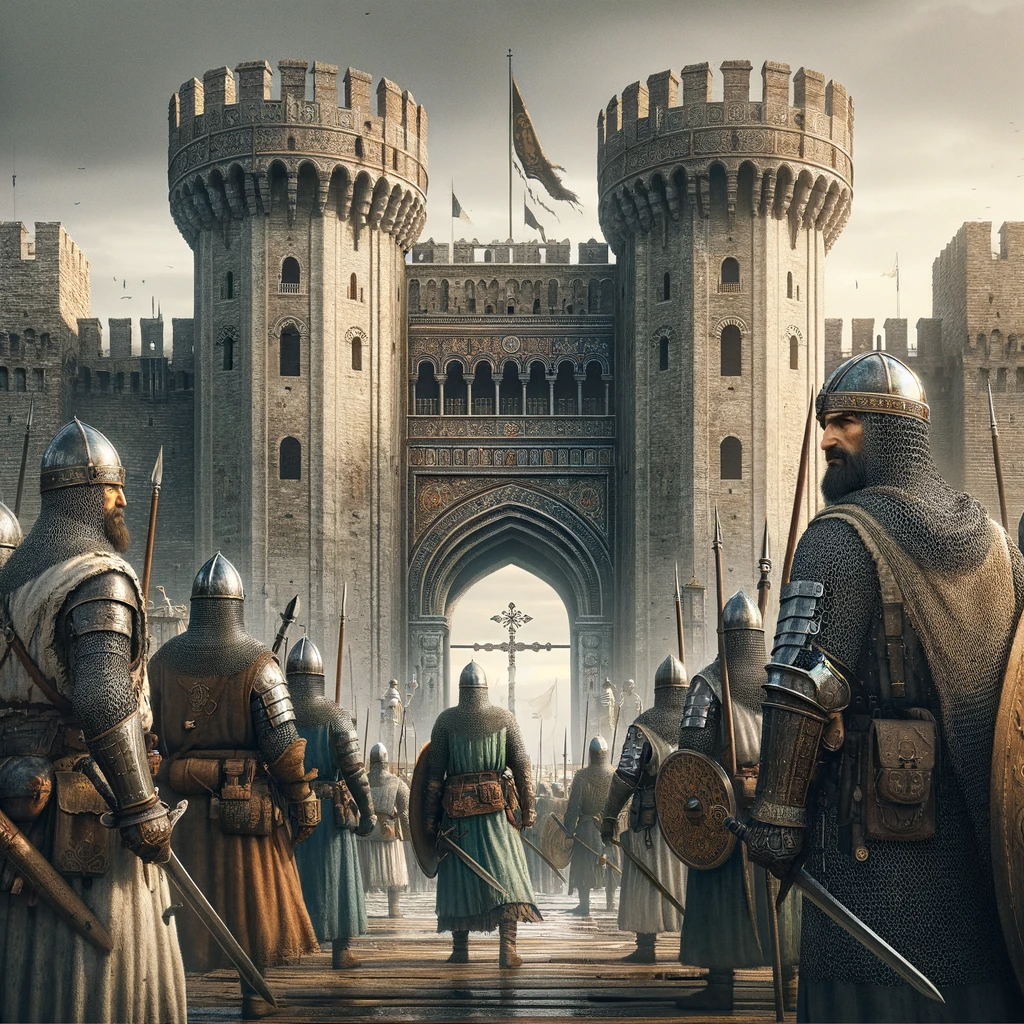 An 800x600 realistic image of medieval crusaders, wearing armor and carrying weapons, standing in front of the grand gates of Constantinople.