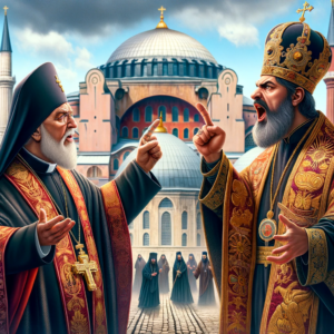 An 800x600 image depicting a Catholic bishop and an Orthodox Patriarch having a heated argument in front of Hagia Sophia.